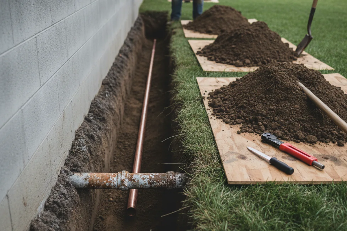Excavated water line trench during Sewer Line Repair in Lipan